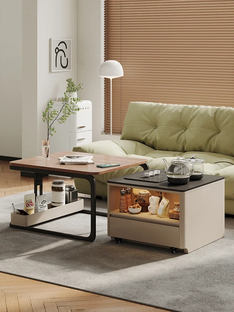 Movable retractable coffee table Modern living room Balcony Tea cabinet Rock slab integrated sofa Kung Fu edge table