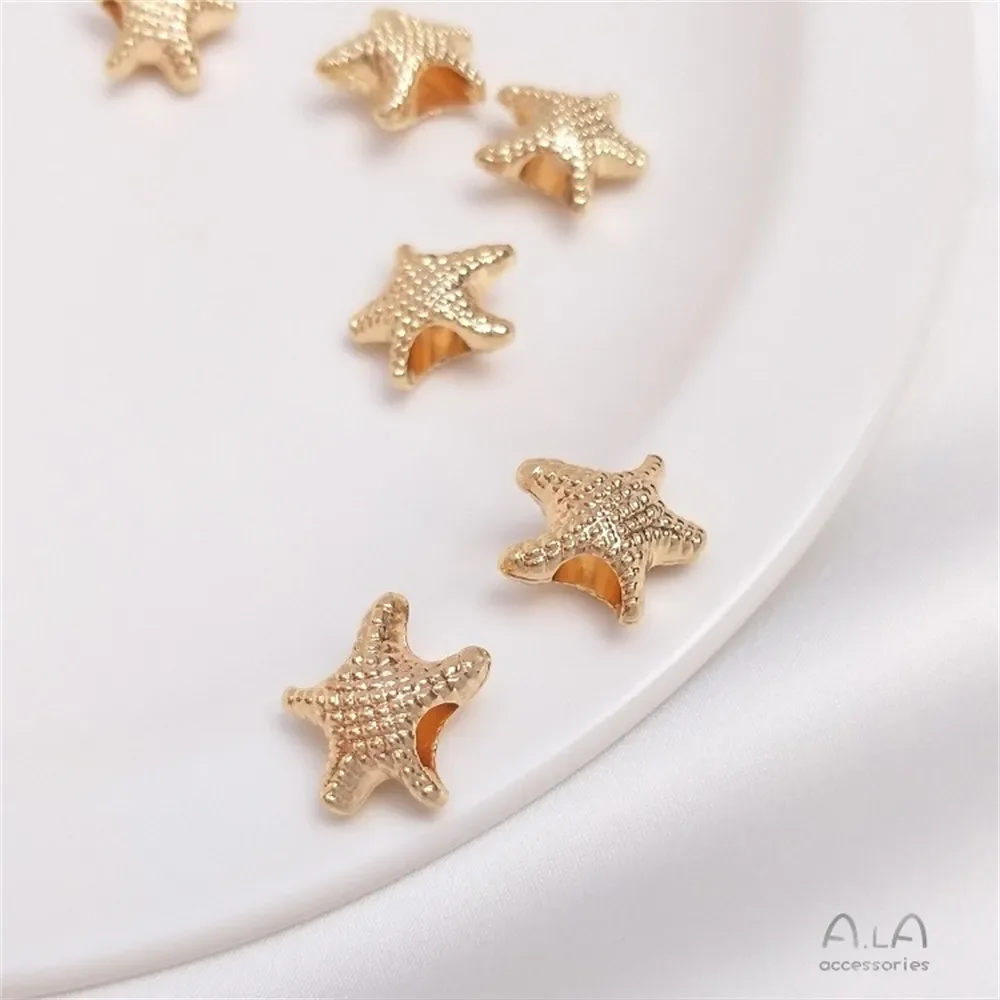 Cuentas con agujero grande de estrella de mar de cinco puntas envueltas en oro de 14K, decoración de cadena hecha a mano, estrellas grandes regordetas, accesorios de pulsera DIY