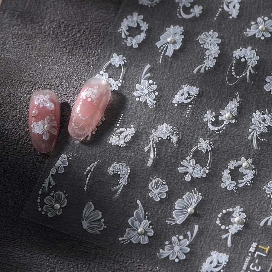 Perle papillon branche feuilles ligne 5D auto-adhésif Nail Art décorations autocollant manucure décalcomanies pétales blancs fleur floraison