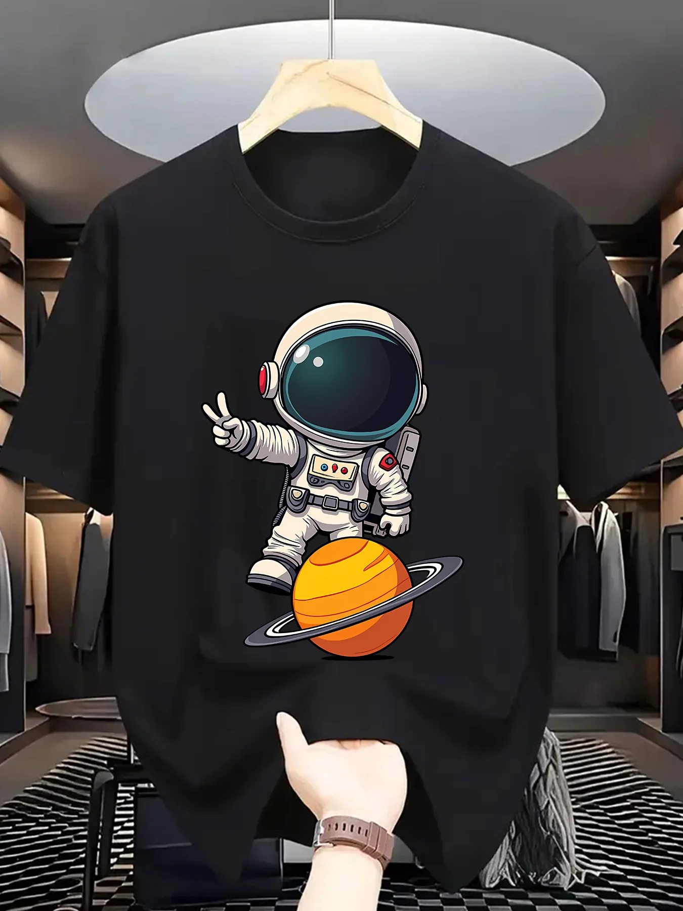 Men's Summer Pattern T-Shirt - Astronaut and Planet Design, Casual Crew Neck, Short Sleeve, Polyester,