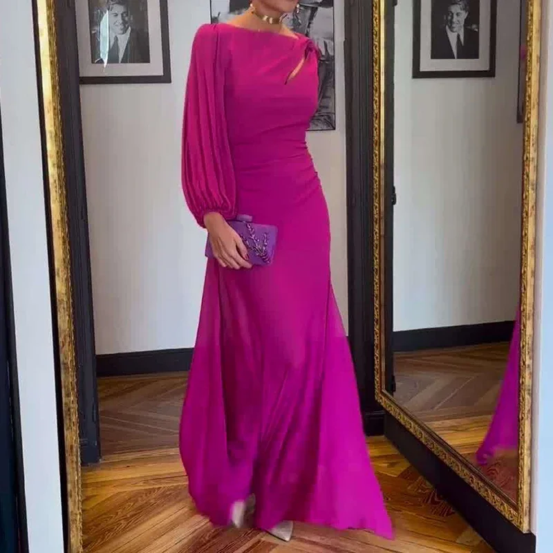 

Elegant Ladies One Shoulder Banquet Evening Dress Women Temperament Solid Hollow Out Draped Maxi Dress Casual O-Neck Party Dress