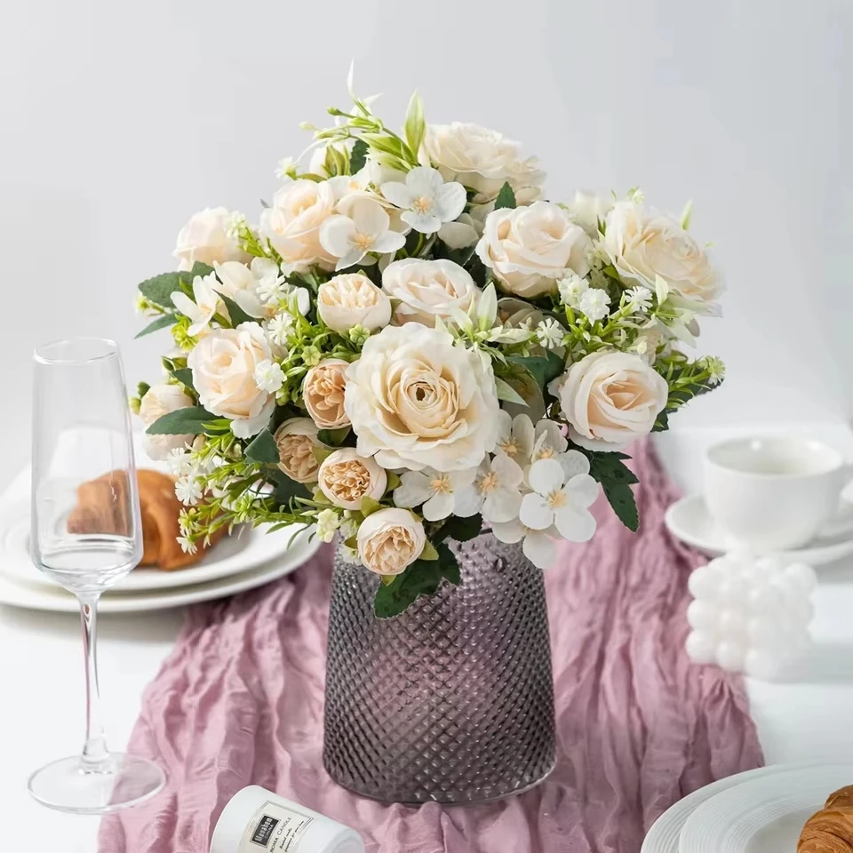 Artificial Flowers Silk Rose Outdoor Yard Garden Wedding Accessories Bridal Bouquet Vase Fillers Home Room Festival Wreath Decor
