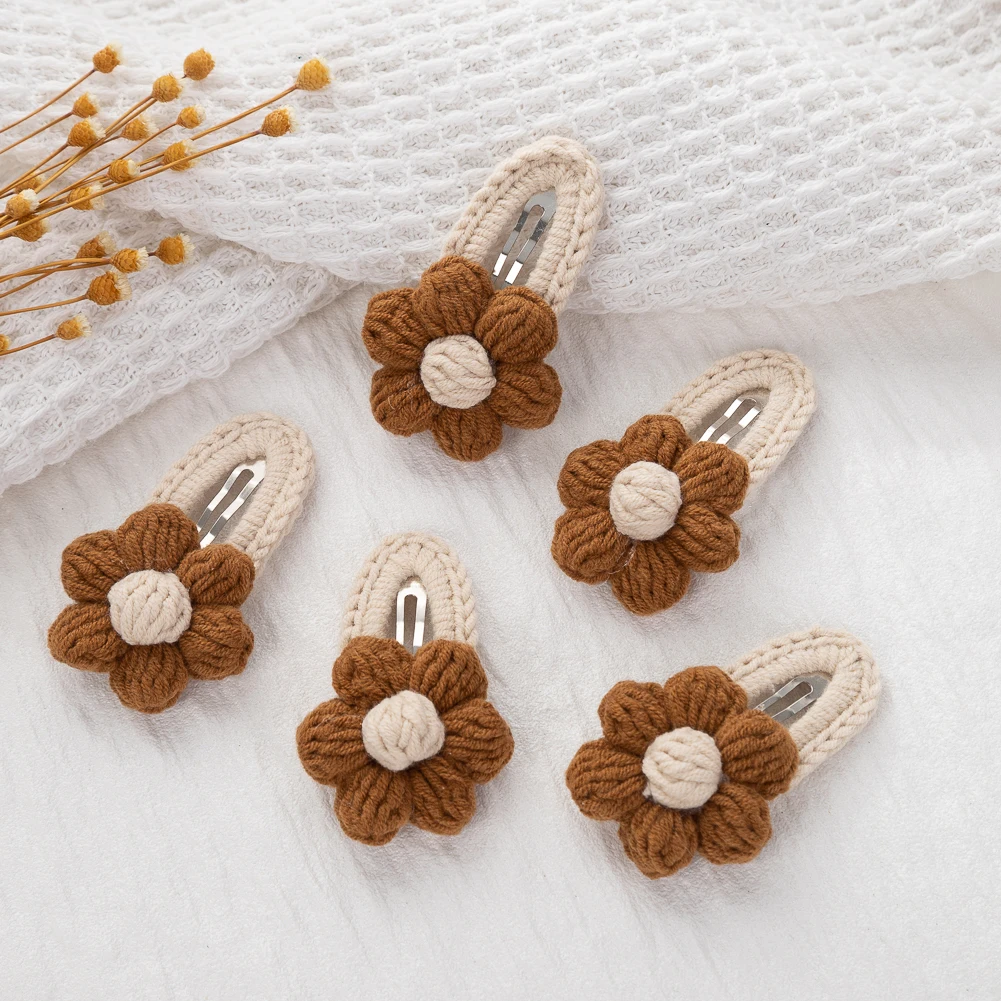 

5Pcs/Lot Korean Handmade Sunflower Hair Clips for Baby Girls Crochet Hairpins Hairgrips Boutique Safety Knitted Kids Hair Bows