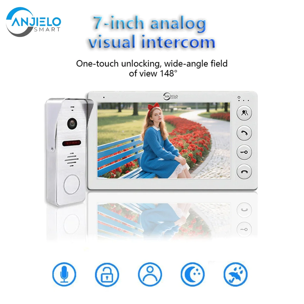 ANJIELO 7-inch 4-wire video doorbell system with swipe card unlock and AHD camera night vision and wide-angle lens CVBS