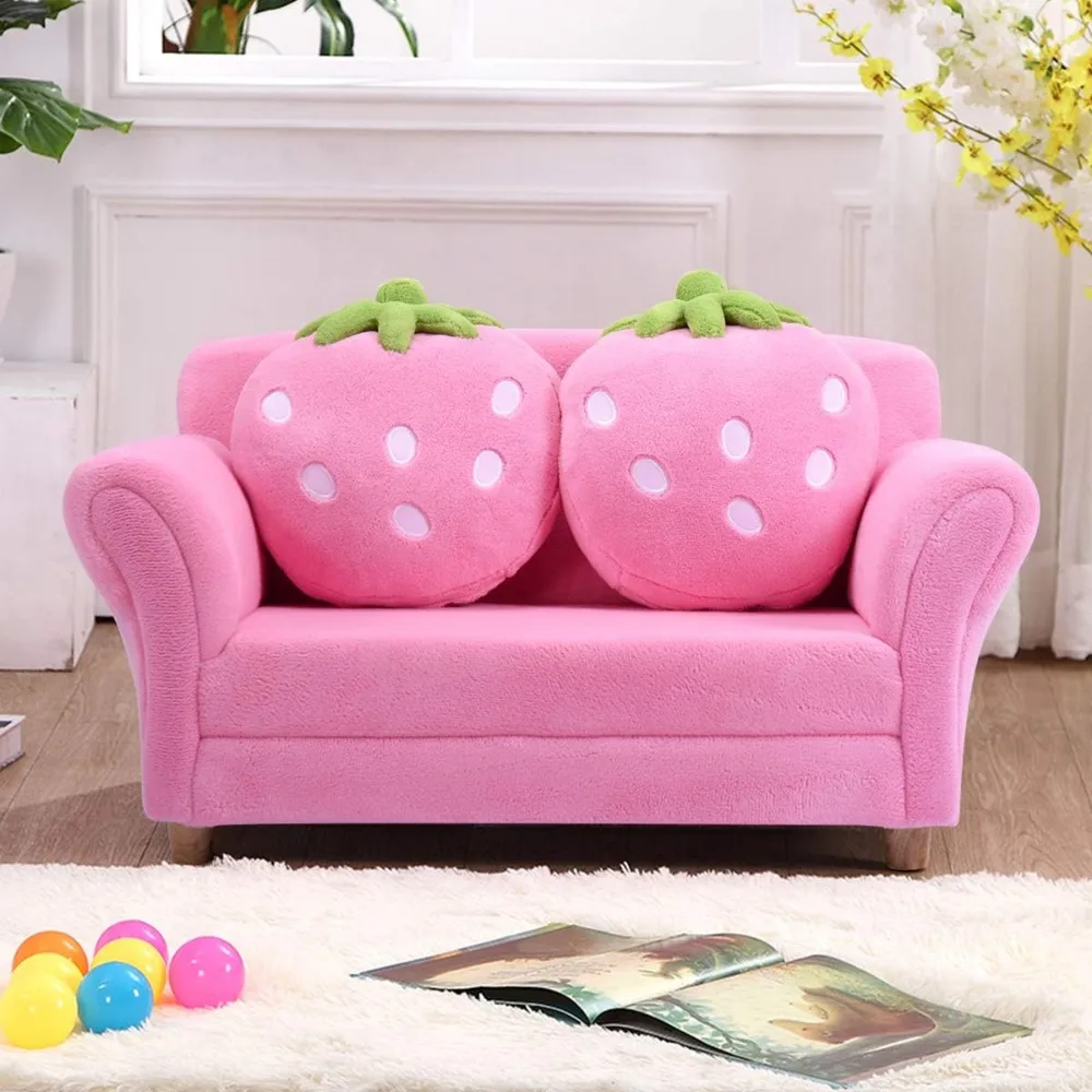 Kids Couch, Double Seat Pink Children's Sofa with 2 Strawberry Pillows, Toddler Armrest Chair, Large Soft for Kids Loveseat Toy