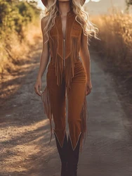 2025 Summer Vintage Tassel Patchwork Jumpsuit V-Neck Sleeveless Rompers Women Chic Solid Overalls Long Pants Streetwear Fashion
