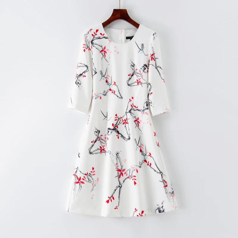 

Women's Vintage Art Print Dress, O-Neck, White, OL Dresses