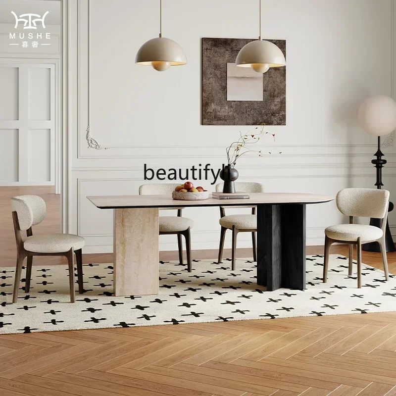 

P French black walnut solid wood dining table and chair combination simple travertine rock slab semi-oval island table