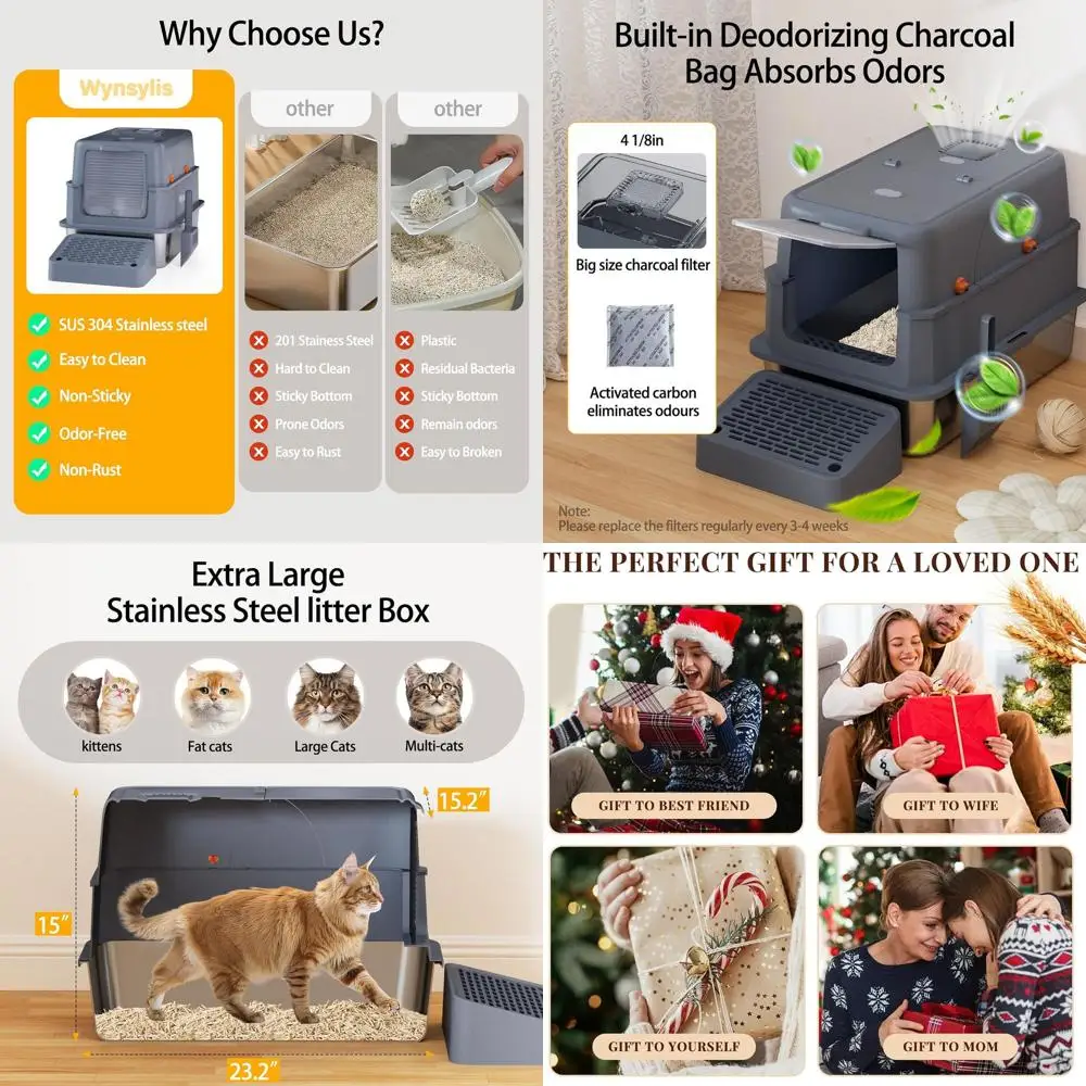 

Очень большой закрытый ящик для кошачьего туалета с откидной крышкой, рампаю, совоккой, контролем запаха, герметичным и антипригарным покрытием.