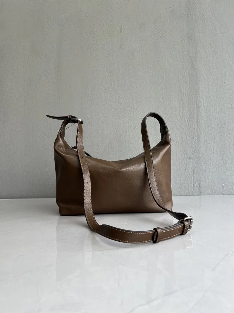 Womens Concise Genuine Leather Underarm Bag Retro Cowhide Hobo Bags Solid Color Zipper Handbag Chic Female Single Shoulder Bags