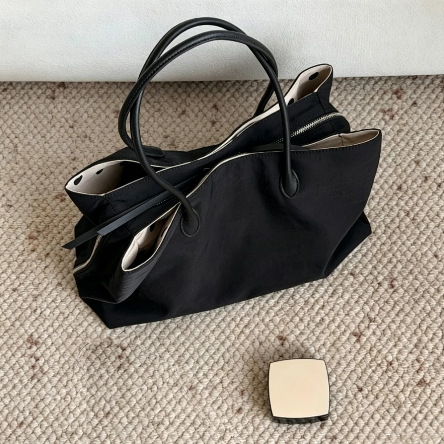 Large Capacity Black Nylon Tote Storage Bag Polka Dot Lining Multi Pockets Lightweight Office Work Travel Daily Shoulder Handbag