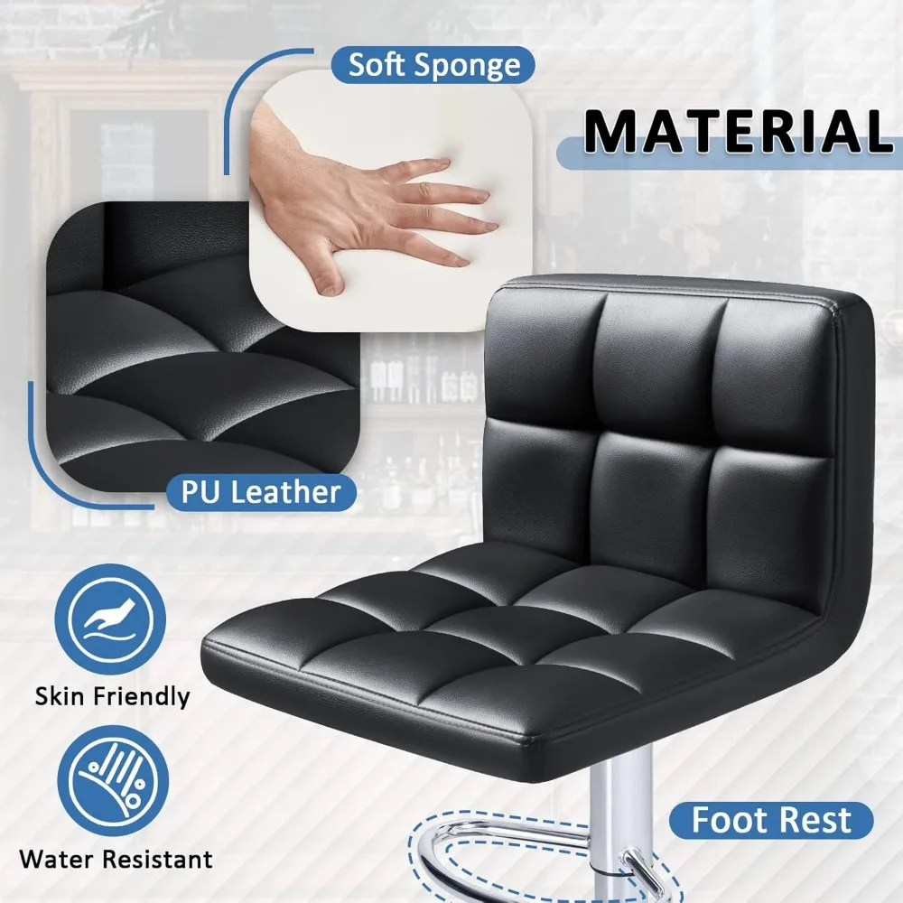 Modern Adjustable Swivel Bar Stools, PU Leather Armless Hydraulic Kitchen Counter Stool with Back Support Set of 2 Black