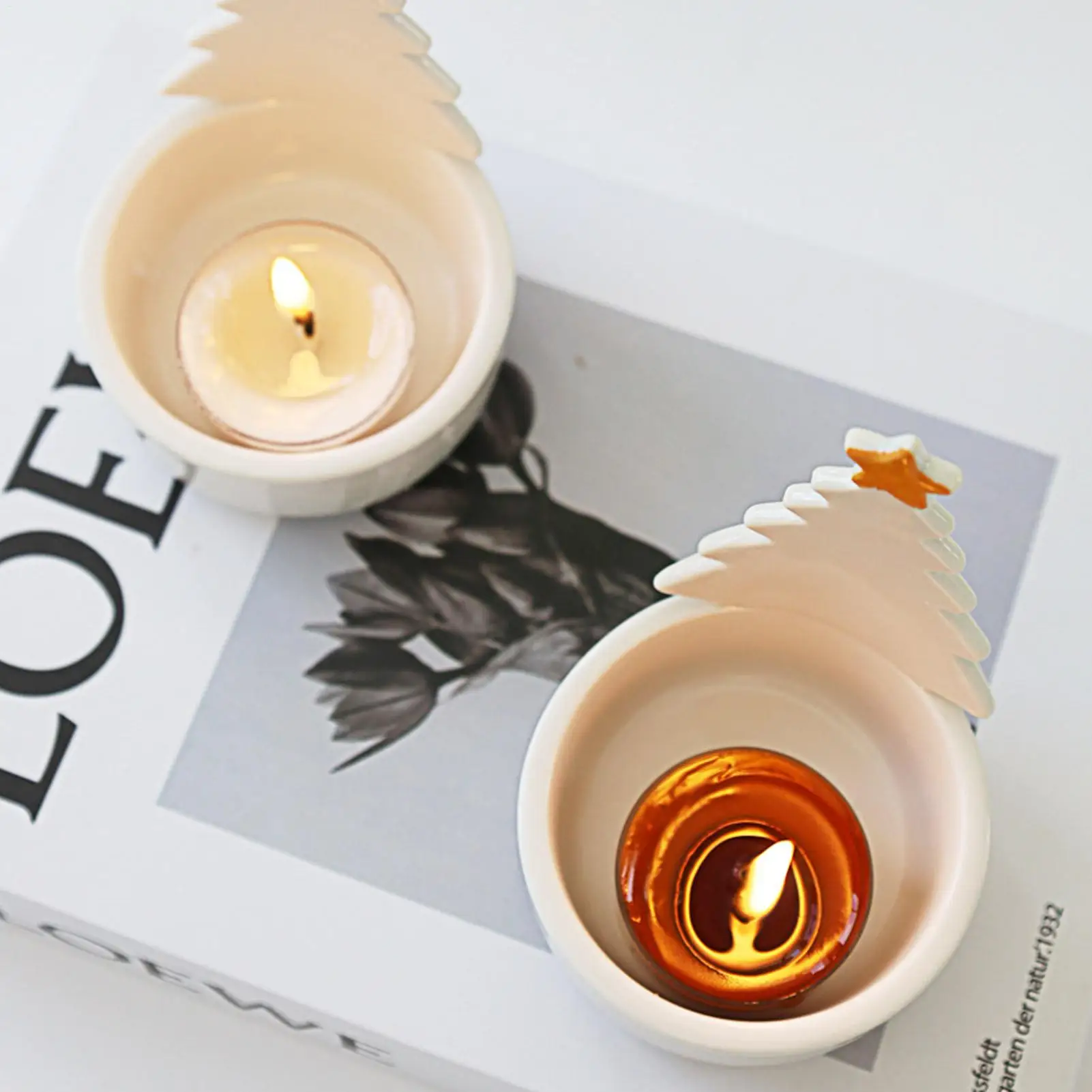 Christmas Tree Candle Holder Tree Decorative Craft Ceramic Tabletop Candlestick For Christmas Home Mantle Winter Holiday