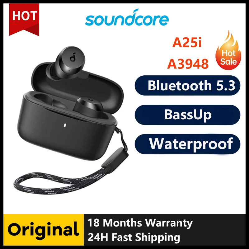 سماعات أذن Soundcore الأصلية من Anker A25i True اللاسلكية، Bluetooth 5.3، تطبيق، صوت مخصص، وقت تشغيل طويل 28 ساعة، مقاومة للماء