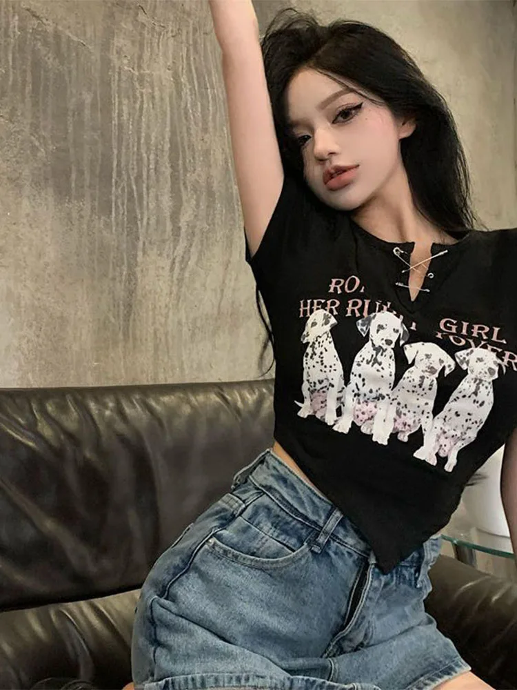 Cseta de Verano de Manga Corta para Mujer, Estampado de Dibujos Animados, Cuello en V, Corte Ajustado, Corta, Moderna y Ca...