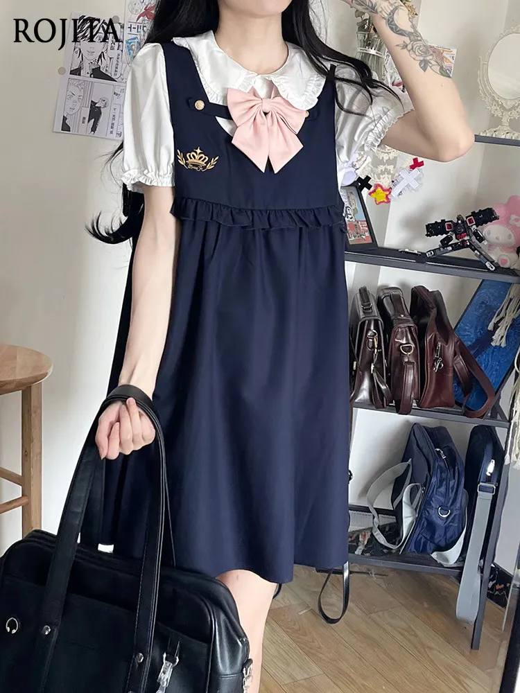 

Jk Uniform Black Vest Dress Women's Angel Crown Princess Dress Summer Outfit Puff Sleeve Peter Pan Collar Short White Blouse