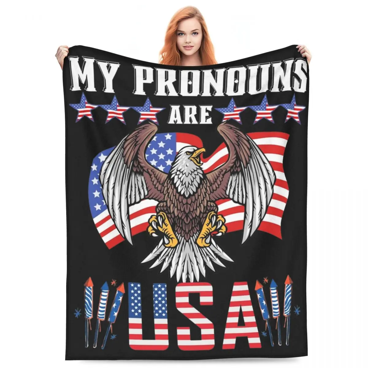 4th Of July My Pronouns Are Usa Flannel Blankets American Flag Eagle Warm Throw Blanket for Bedroom Office Bedspread Bed Cover