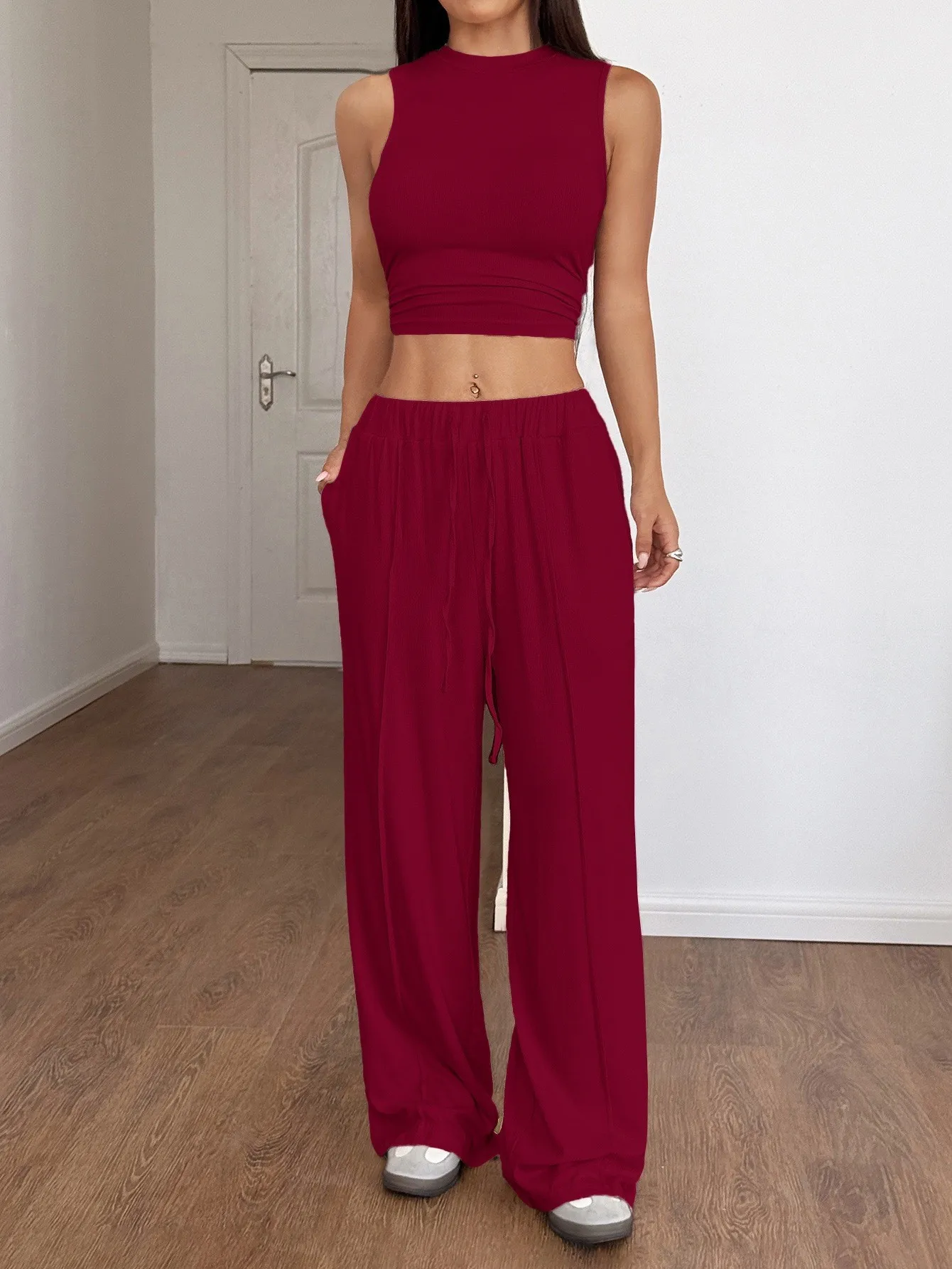 2 Piece Set Summer Y2k Tank High Waist Sleeveless Top Wide Leg Pants Solid Color Vest Top Drawstring Waist Relaxed Fit Matching view 3