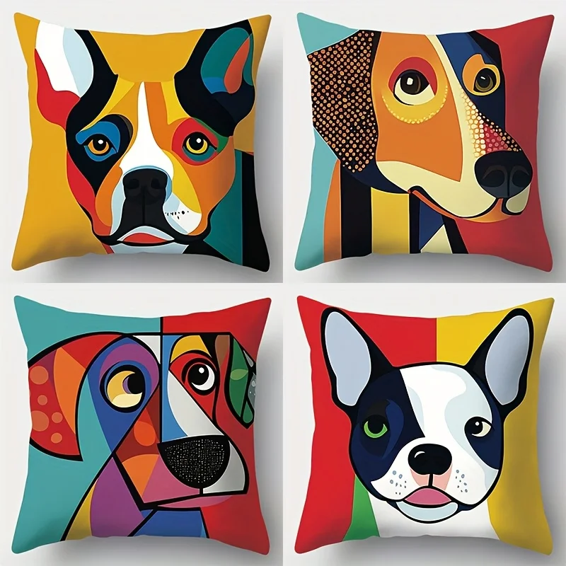 Printed Pillow Covers Featuring Dog Head Design Composed of Vibrant Geometric Shapes Artistic Contemporary Home Decor Pillowcase