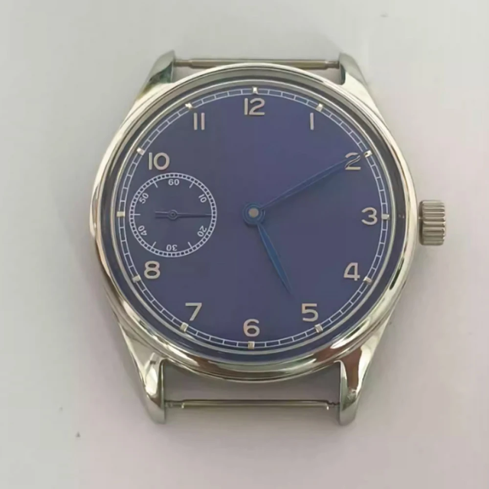 42mm Men's Manual Winding Mechanical Watch ST6497 3600 Series Movement Transparent Bottom Case +Blue Rail Dial +Leaf Hand