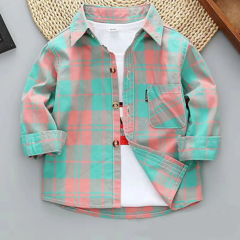 1-8Y Toddler Boys Shirt Spring Summer Cotton Plaid Printed Jacket Fashion Kids British Style Long Sleeve Shirt Children Clothing