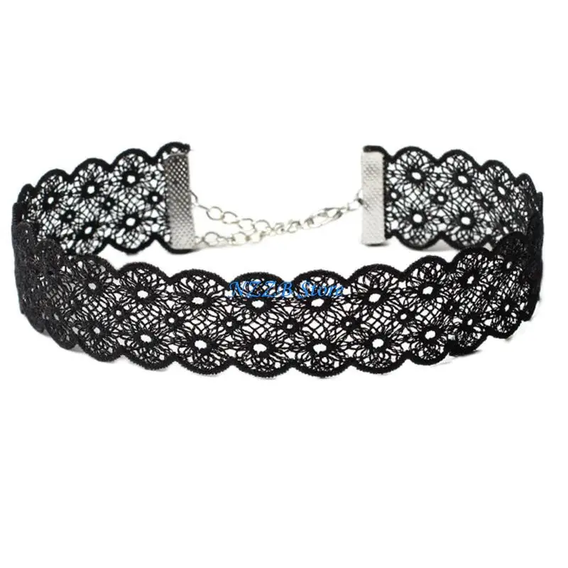 T21F Choker cổ áo Goth Lace Choker Wide Gothic Black Hall
