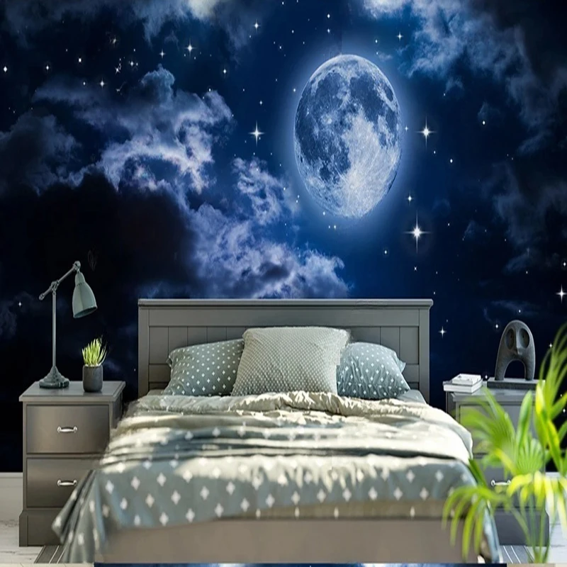 Modern Custom Wall Mural 3D Wallpaper for Ceiling & Wall Decor - Starry Sky Moon Galaxy Pattern Wall Art for Bedroom Living Room