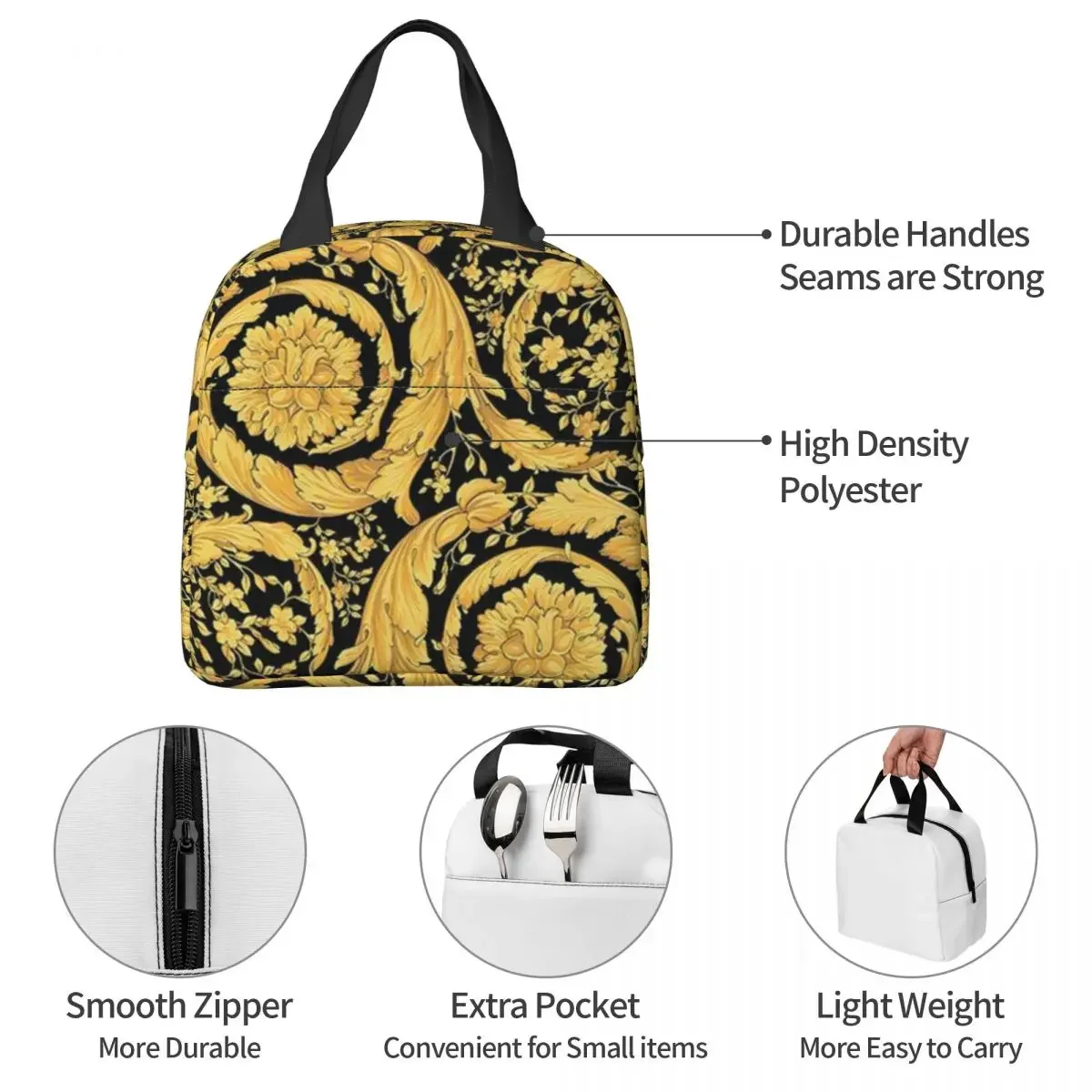 Black Gold Leaf Swirl Thermal Insulated Lunch Bags Reusable Food Bag Leakproof Tote Lunch Box Outdoor Pupil