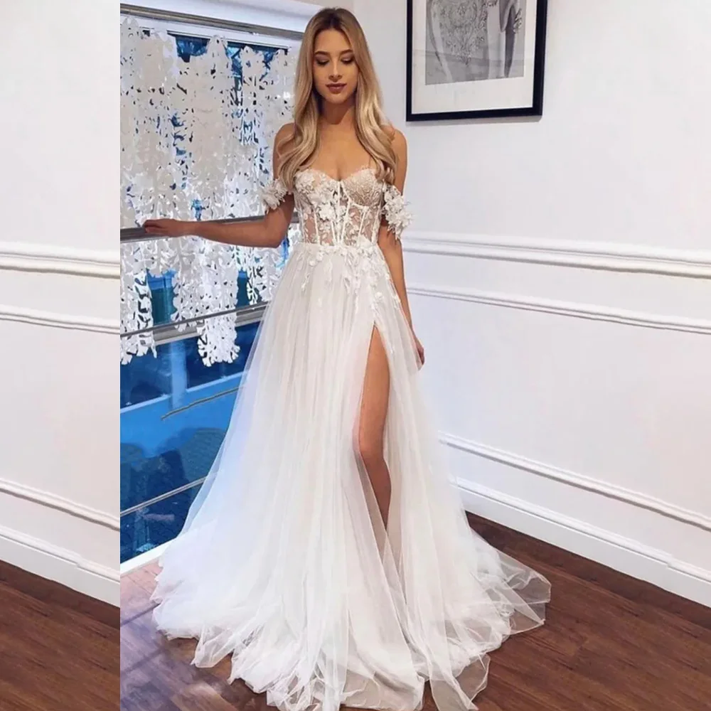 

Off the Shoulder Tulle Appliques Lace Illusion Wedding Dress Sweetheart Collar Side Split Wedding Gown with Train vestidos de