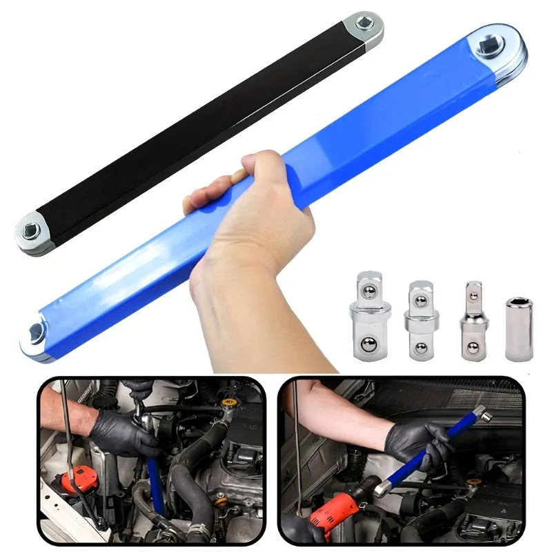 Compact Ratchet Wrench Extension Kit with 4-Style Square Drive Adapter - High Carbon Steel, Zero Swing Arc for Tight Spaces