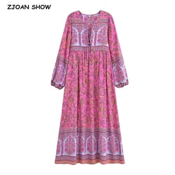 2024 BOHO Rose Pink Flower Print Bow Lacing up V Collar Long Straight Dress Woman Viscose Cotton Full Sleeve Maxi Robe Holiday