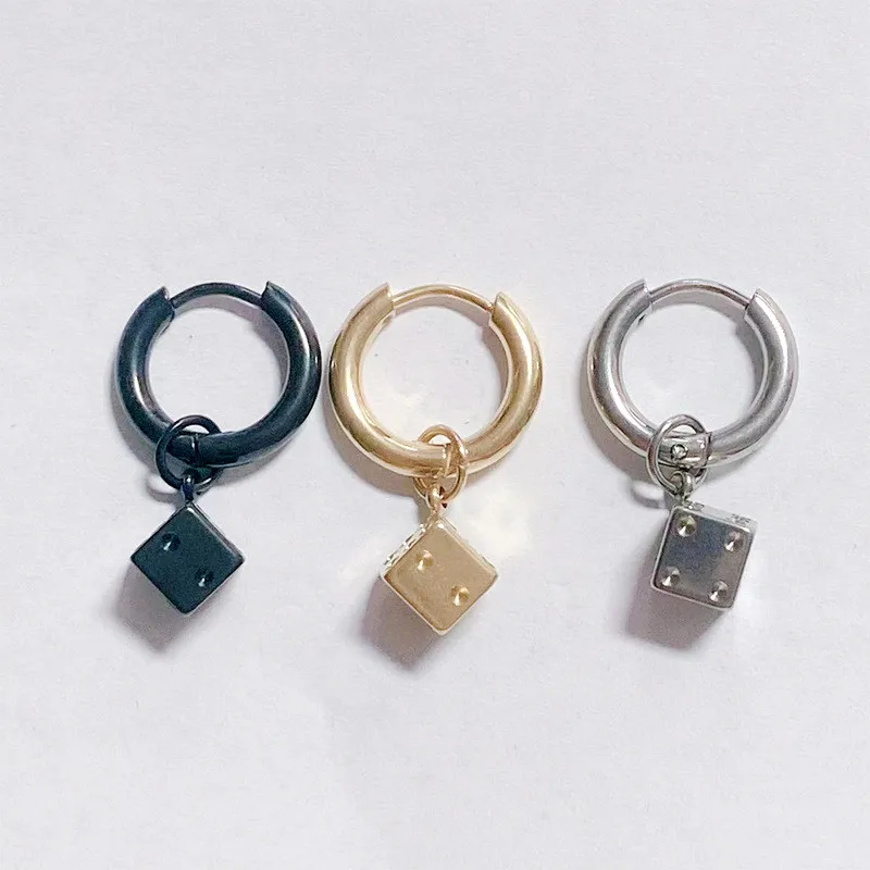 Trendy Punk Dice Pedant Stainless Steel Earrings Cool Square Geometric Stud Ear Jewelry Party Gifts For Women Men