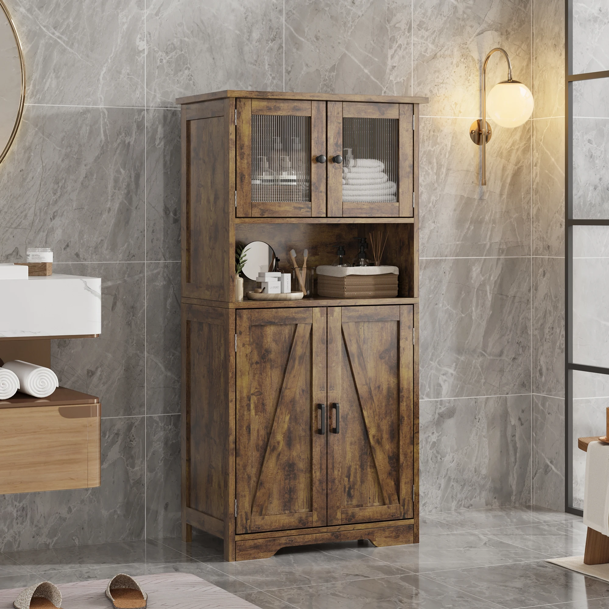 Bathroom Cabinet Freestanding Floor Linen Storage Cabinet Kitchen Pantry Storage Cabinet with Glass Doors & Adjustable Shelves