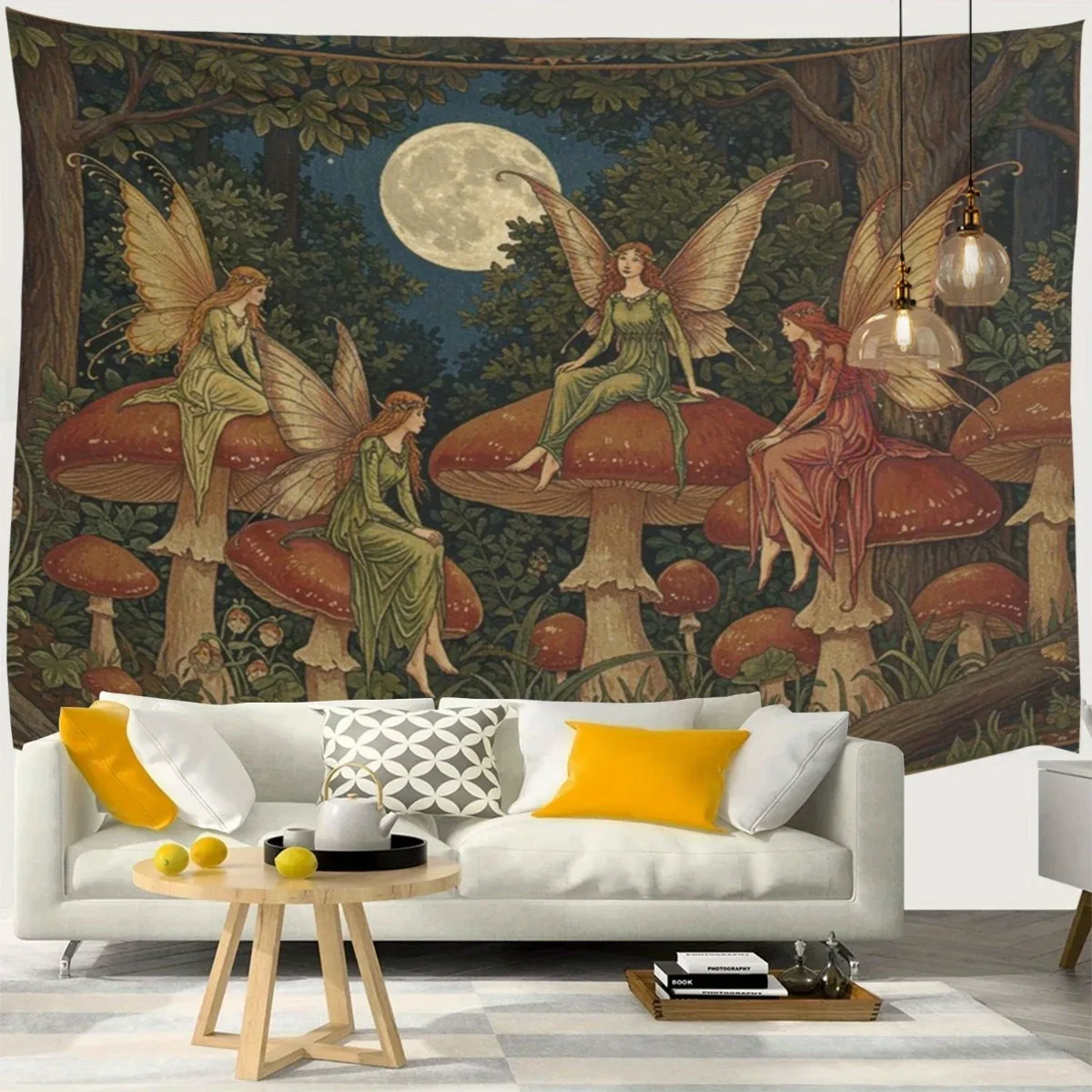 VIKAMA Retro Forest Elf Mushroom Tapestry Medieval Moonlight Fairy Printed Hanging Cloth Room Decoration