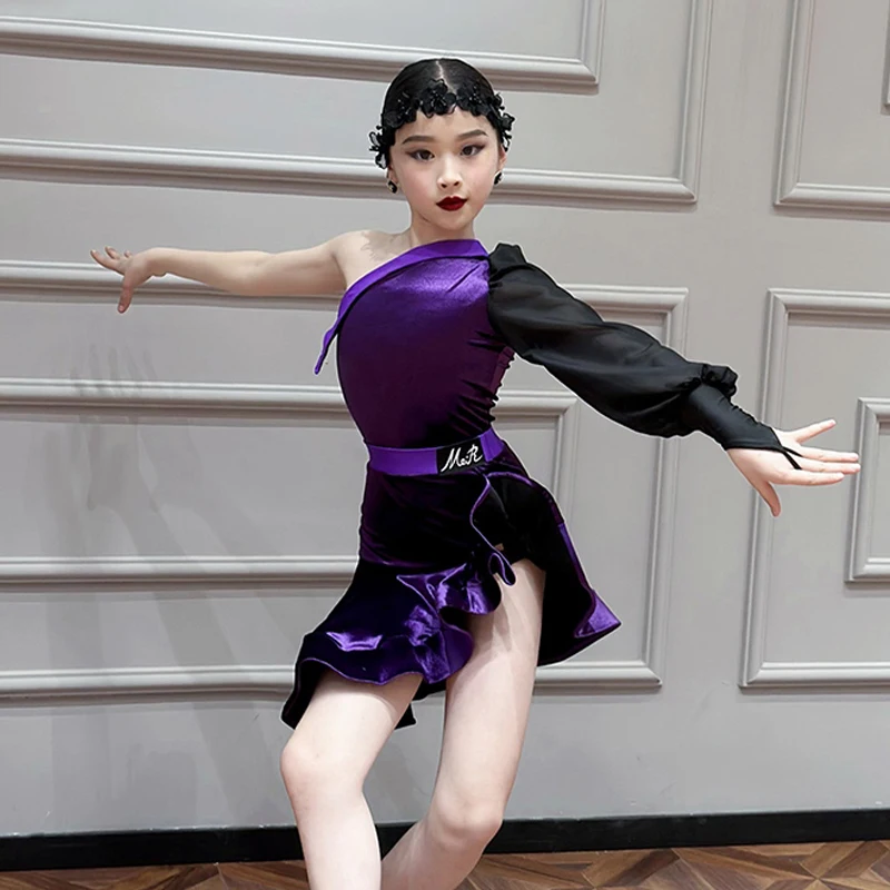 

Kids Competition Practice Costume Girls Single Sleeve Latin Dance Professional Dress Child Samba Rumba Dance Clothes SL10369
