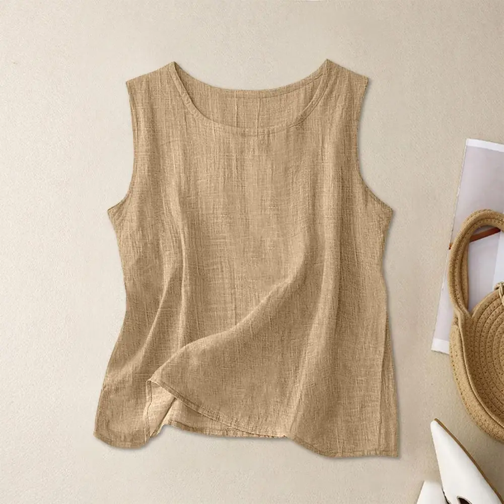 

Women Summer Linen Vest O-Neck Sleeveless Loose Fit Casual Tops Spring Summer Essential Tops Versatile Daily Wear