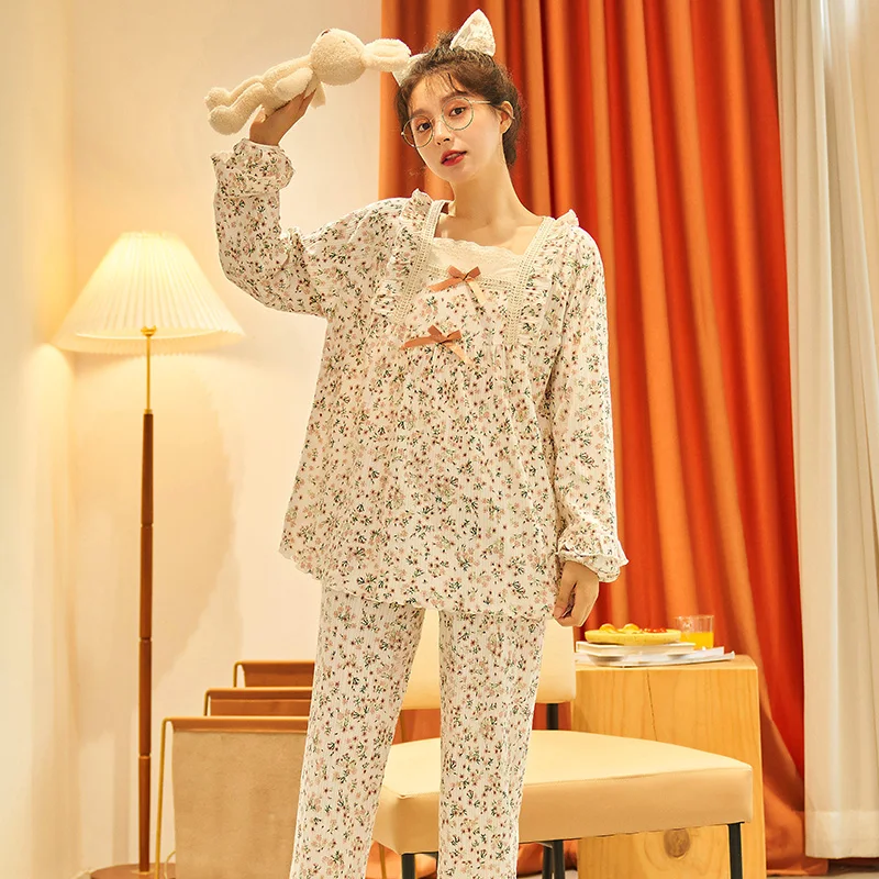 

Autumn Cotton Women Sleepwear Set Floral Long Sleeve Round Neck Femme Pajamas Sweet Comfortable Soft Femmel Loungewear