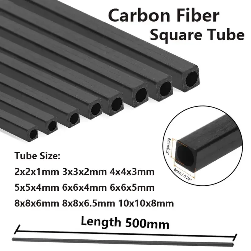 1/2/3pcs Carbon Fiber Square Tube Outer Diameter 2mm 3mm 4mm 5mm 6mm 8mm 10mm Length x 500mm