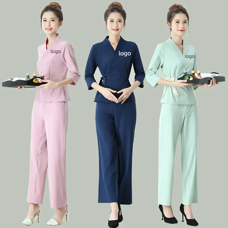 女性のユニフォーム作業服パンツスーツプリントロゴホテルウェイター美容院スパマッサージネイルカフェバス技術