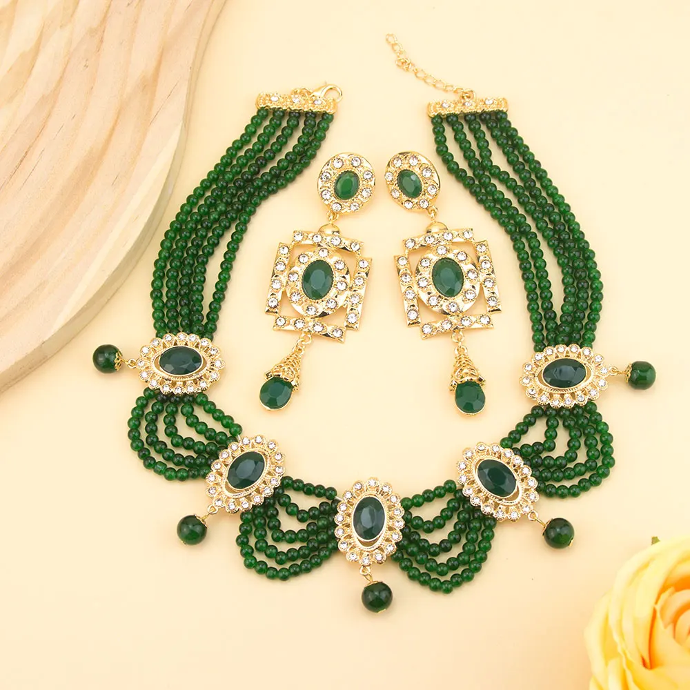 Sunspicems Fashion Algeria Morocco Jewelry Hand Bead Choker Necklace Earring Sets For Women Gold Color Arabic Bridal Bijoux