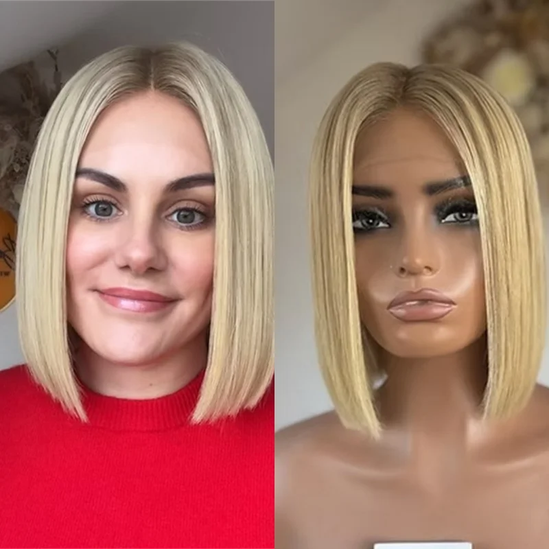 Glueless Hairline Trendy Short Straight Bob 13x4 Ombre Golden Blonde Synthetic HD Lace Front Wig with Roots Small Large Size Cap