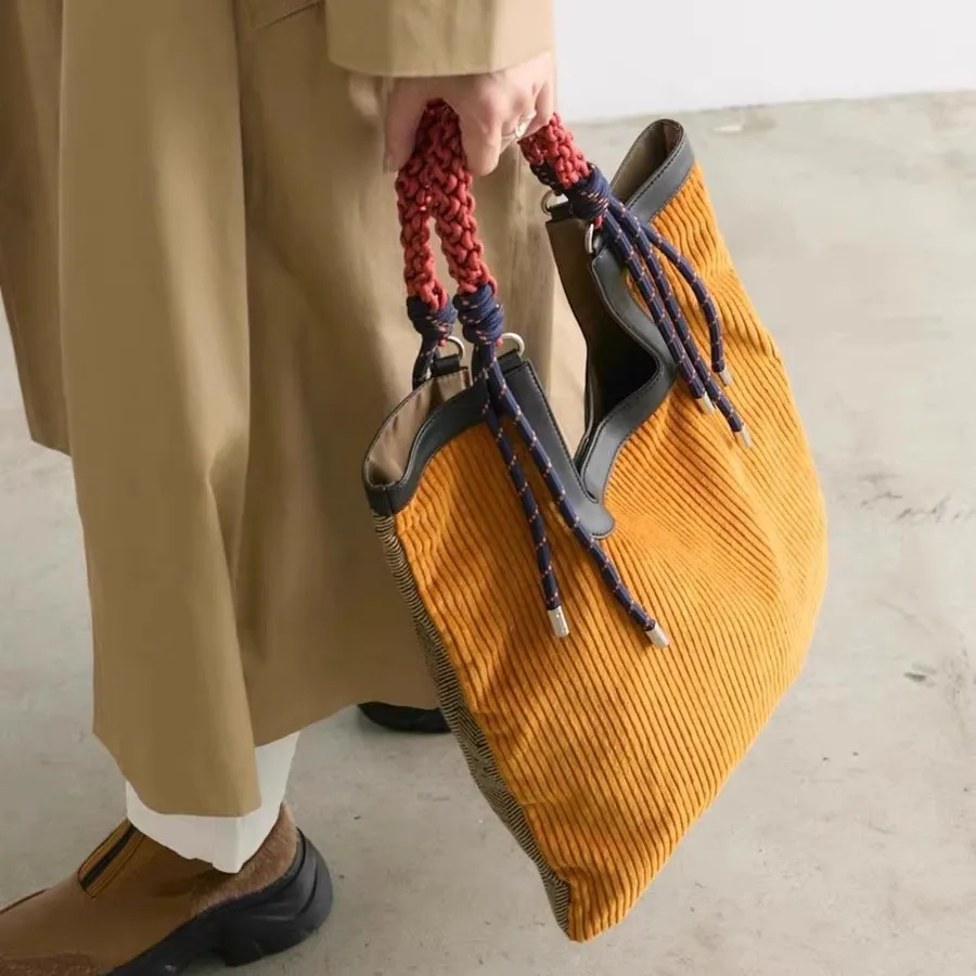 Retro Corduroy Tote Bag Autumn Winter Large Capacity Shoulder Patchwork Handbag with Rope Knot for Commuter