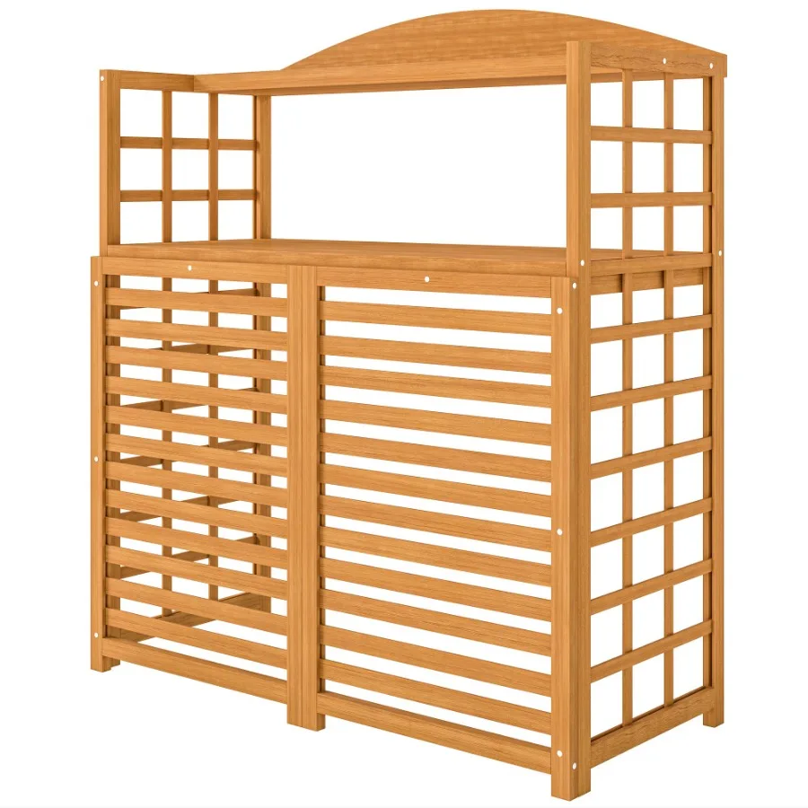 

Outdoor Air Conditioner Fence Privacy Screen Wood AC Fence Potting Table with Shelves for Patio Light Brown