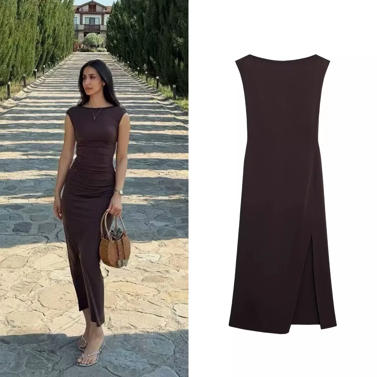 

LIBIELIY новое женское элегантное модное тонкое платье без рукавов с боковым разрезом и воротником-лодочкой, универсальное платье для поездок на работу