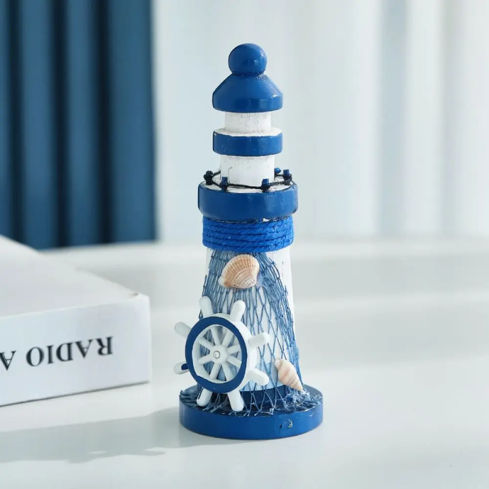 Nautical Style Wooden Lighthouse Ornament Mediterranean Miniature Decor Desktop Figurine Marine Craft Ocean Theme Decoration