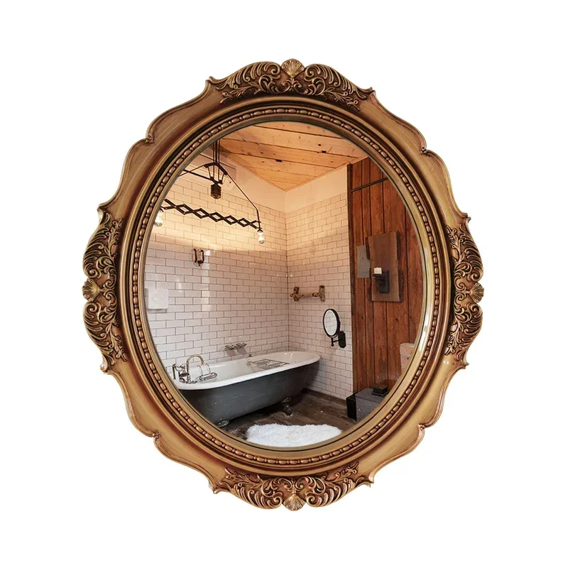 American Retro Oval Hanging Mirror Bathroom Wall Carved Decorative Mirror