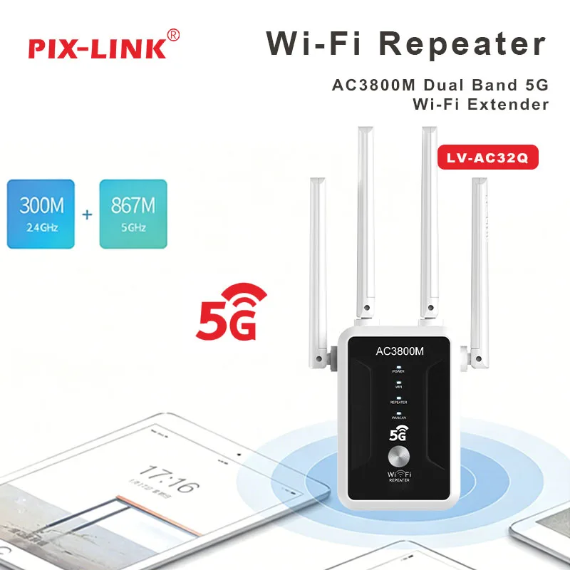  For Whole Home Coverage AC3800 Dual Band 2.4GHz/5GHz WiFi Range Extender PIX-LINK AC32Q 4 FEMs 2 Modes WPS Easy Setup Boost