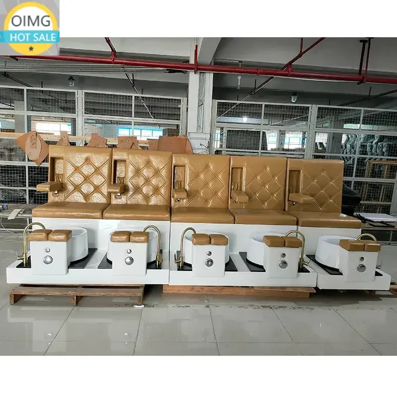 Factory Wholesale 1/2/3 Seater Foot Spa Pedicure Chairs Bench Station Khaki Color Leather White Base Foot Spa Bench Station