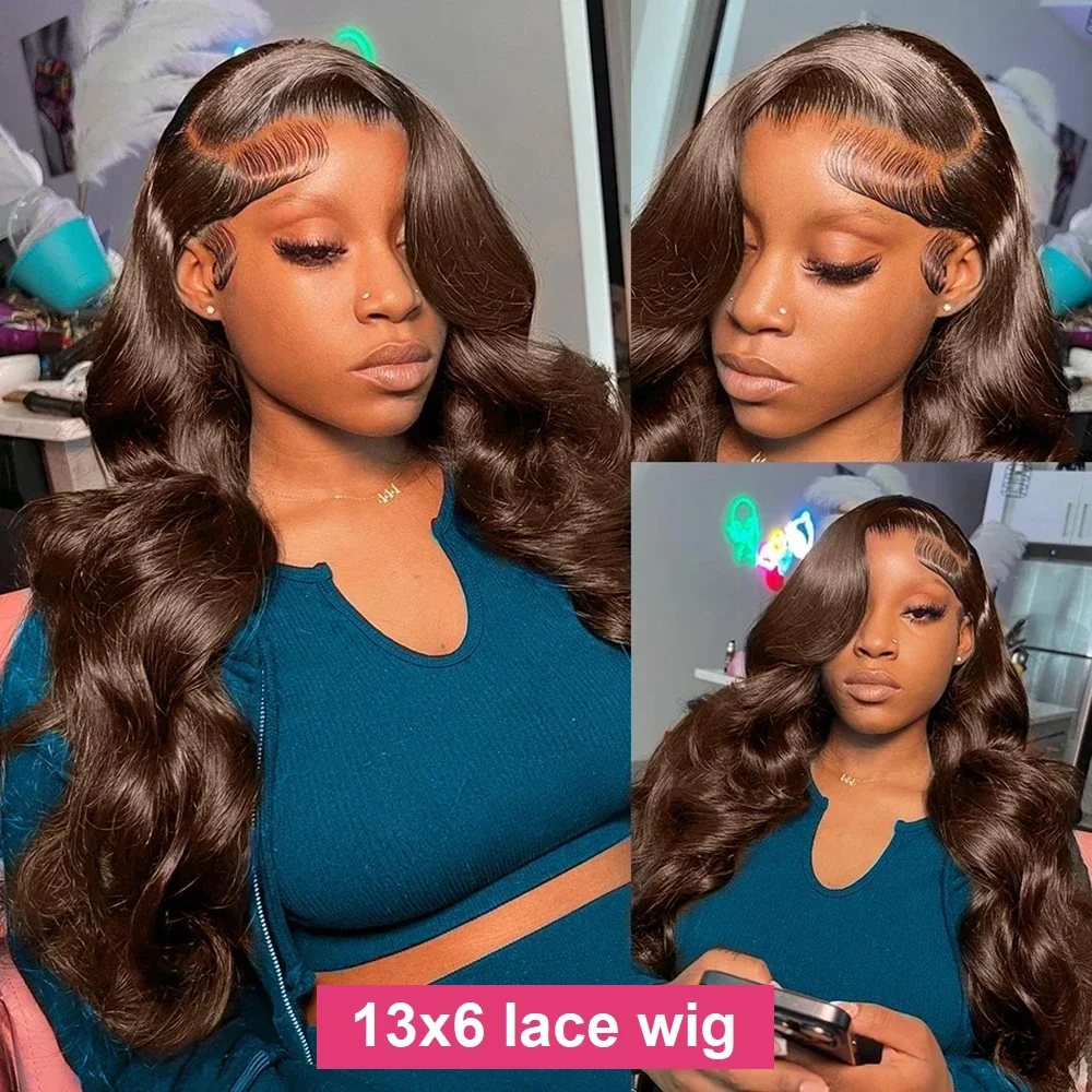 Chocolate #4 Body Wave Wig 220% Density Remy Hair 13x4 13x6 HD Transparent Lace Frontal Wigs Brazilian Pre Plucked Human Hair For Women