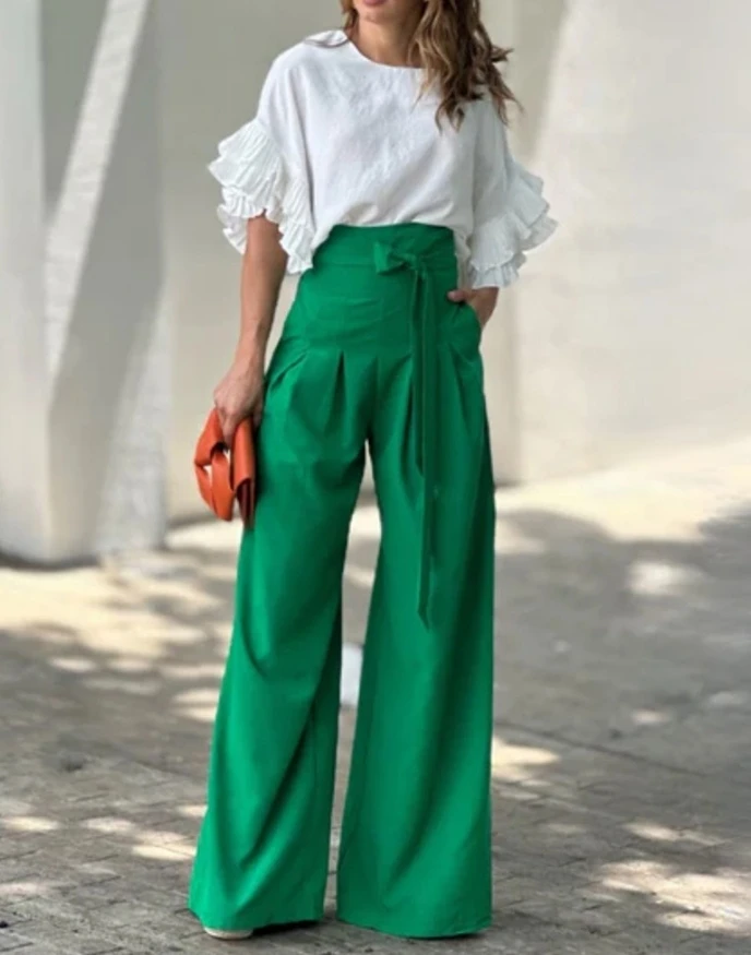 

Women's Pants 2024 Spring Fashion Tied Detail High Waist Casual Pocket Design Plain Ruched Daily Long Wide Leg Pants